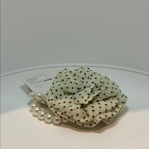 Fashion Jewelry Cream Polka Dot Scrunchie with Pearl Accent